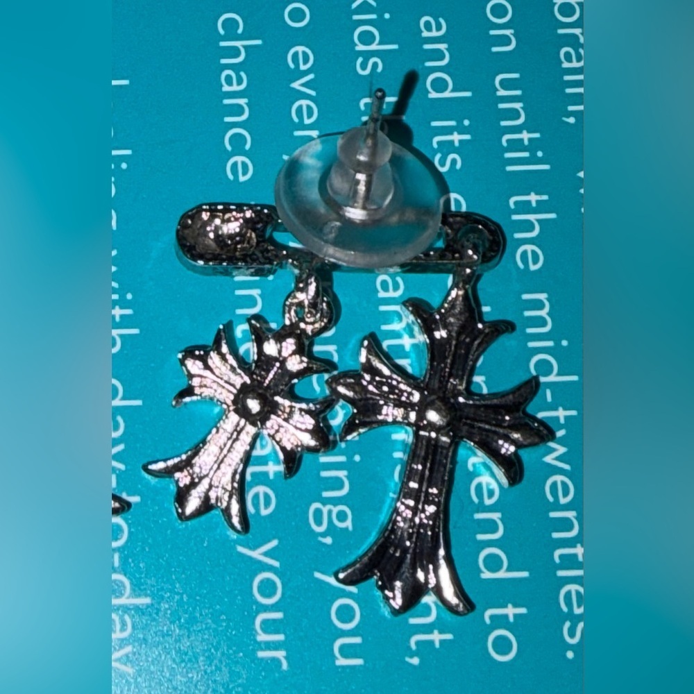 Silver Plated Gothic Double Cross Safety Pin Earrings w/ Zircon Inlay - Picture 7 of 7